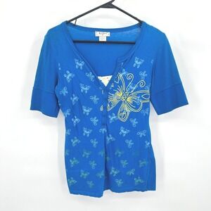 Y2K Self‎ Esteem Butterfly Henley M Fitted Baby Tee Blue Embroidered Cotton Top